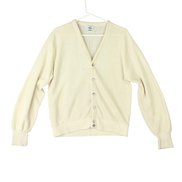 Izod Lacoste Sweaters - Vintage IZOD Lacoste USA Made Acrylic Sweater Cardigan Cream Knit Men Sz M